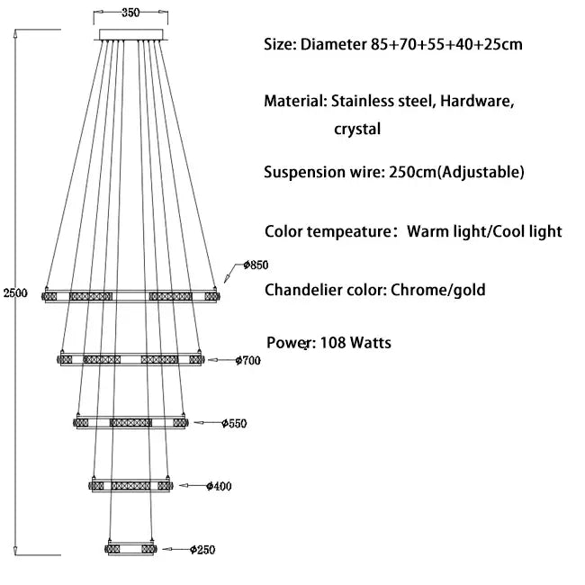 Luxury Ring LED Crystal Chandelier for Staircase Living - Dia85x70x55x40x25cm / Chrome