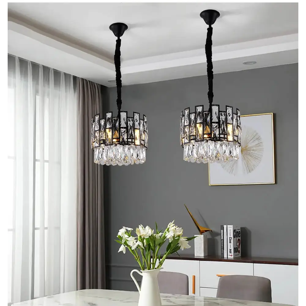 Modern Black Hanging Crystal Chandelier for Island Dining Bar - 2PCS / NON dimm warm light