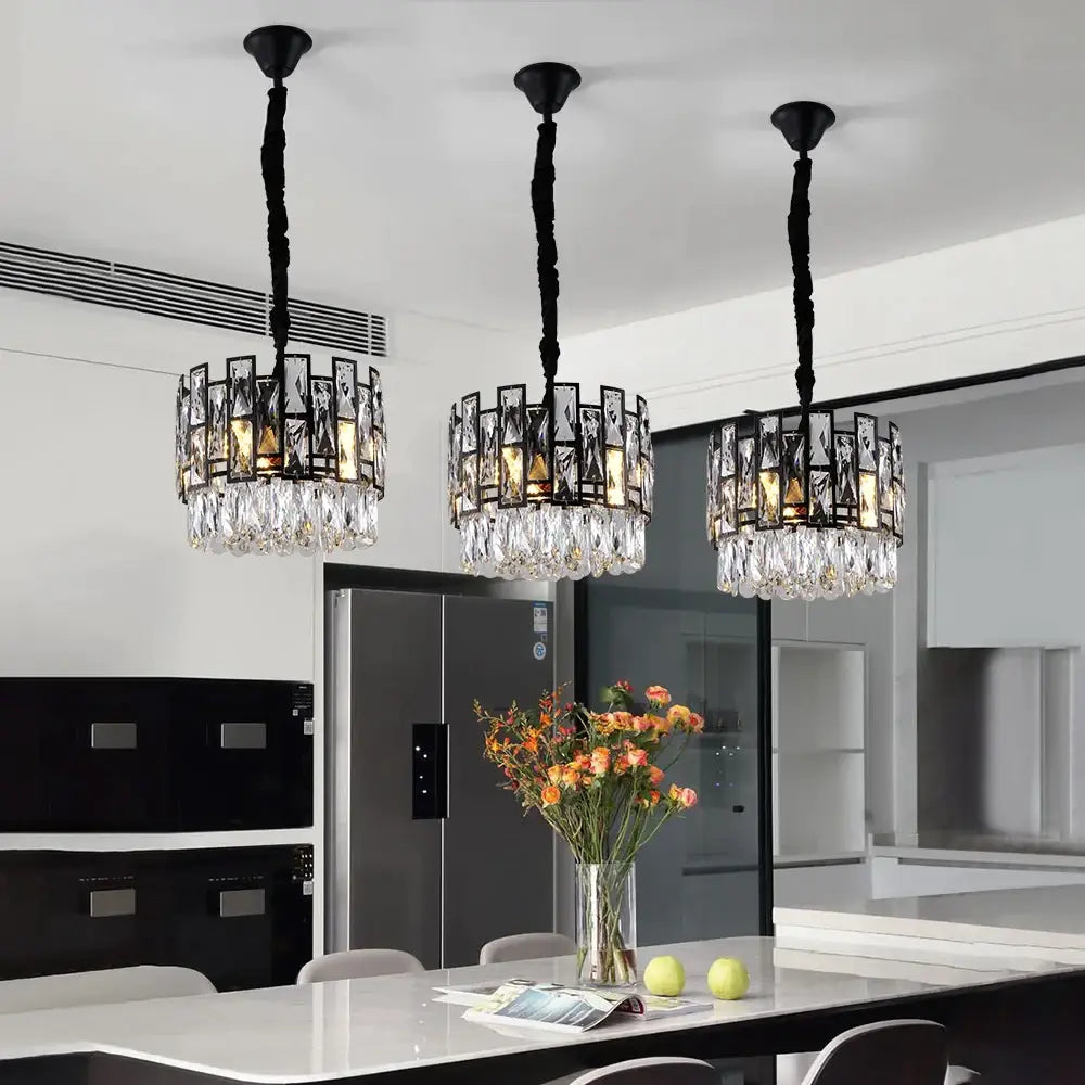 Modern Black Hanging Crystal Chandelier for Island Dining Bar - 3PCS / NON dimm warm light