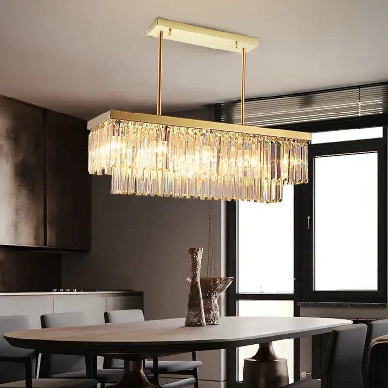 Modern Crystal Gold Rectangle Chandelier for Dining Kitchen