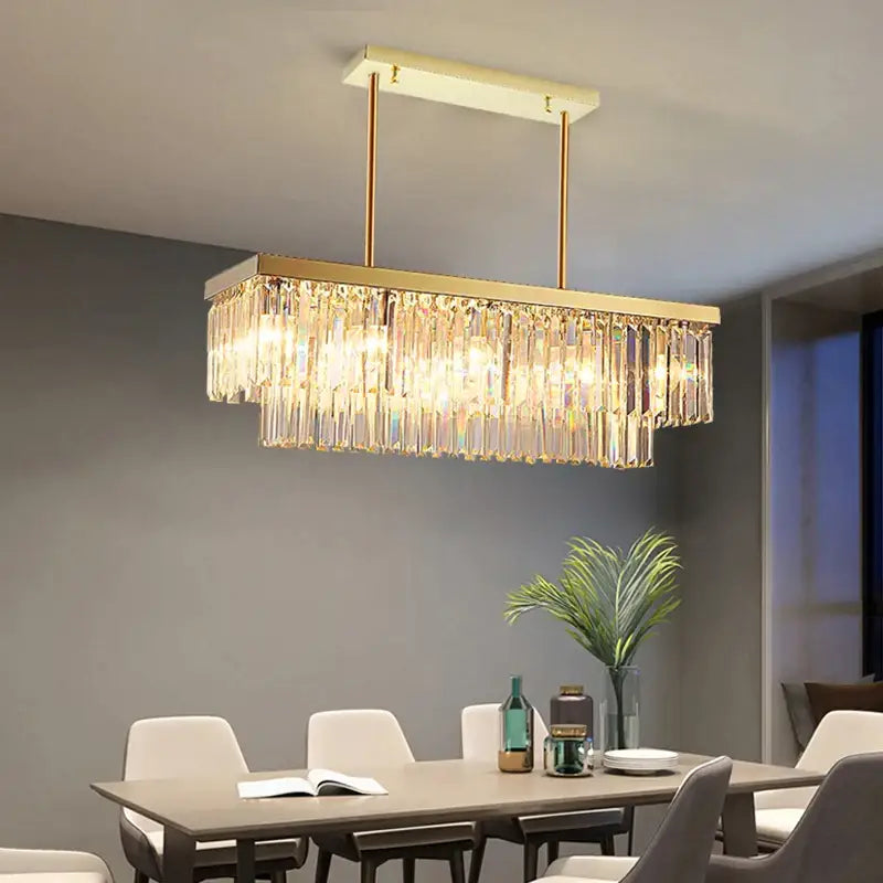 Modern Crystal Gold Rectangle Chandelier for Dining Kitchen