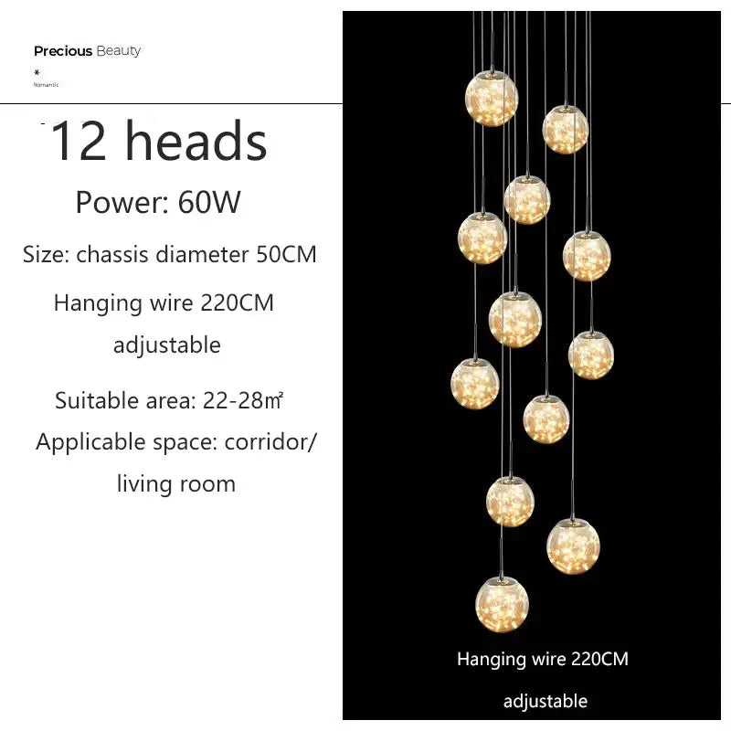 Modern Glass Ball Dimmable Chandelier for Staircase - 12 heads / Silver / Soot - Home &