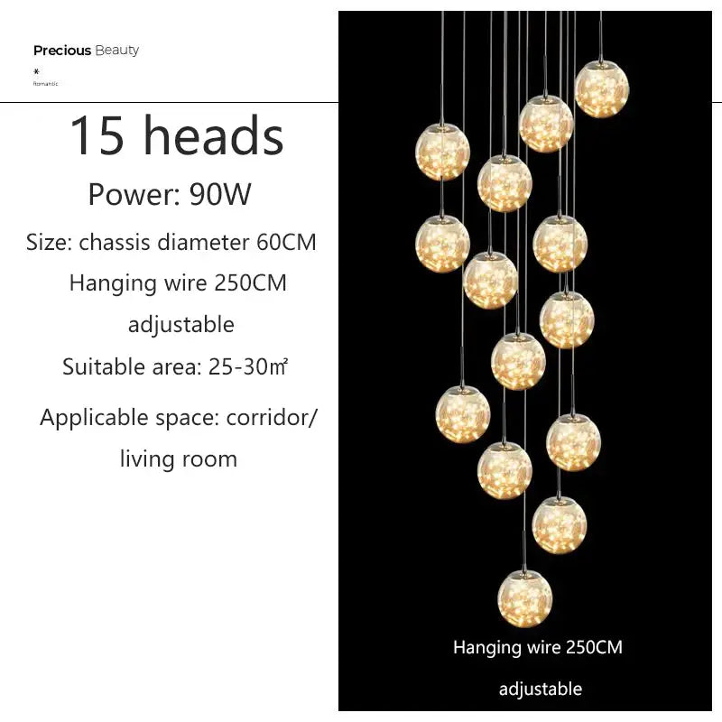 Modern Glass Ball Dimmable Chandelier for Staircase - 15 heads / Golden / Transparent