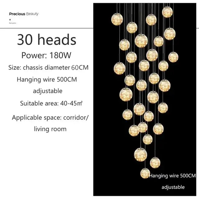 Modern Glass Ball Dimmable Chandelier for Staircase - 30 heads / Silver / Amber - Home &