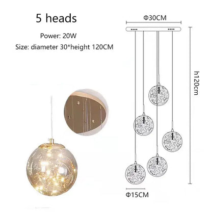 Modern Glass Ball Dimmable Chandelier for Staircase - 5 heads / Golden / Amber - Home &