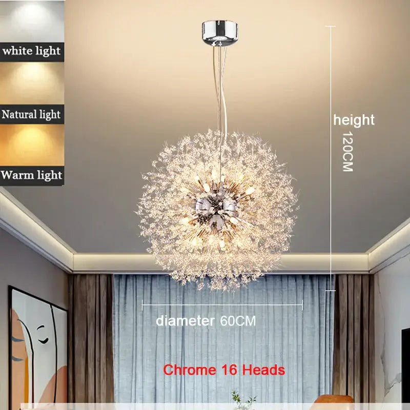 Modern Nordic Crystal Dandelion Chandelier - Chrome 16 Heads 60CM / Warm White - Home &