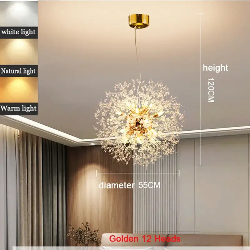 Modern Nordic Crystal Dandelion Chandelier - Golden 12 Heads 55CM / Warm White - Home &