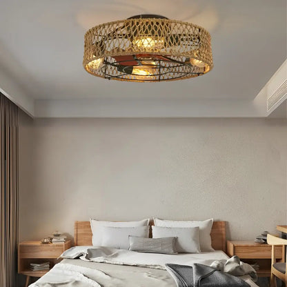 Rattan Iron Industrial Ceiling Fan Light - Round Lighting > lights Fans