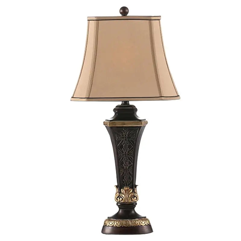 Resin Bronze Table Lamp with Bell Linen Shade - Lighting > & Floor Lamps