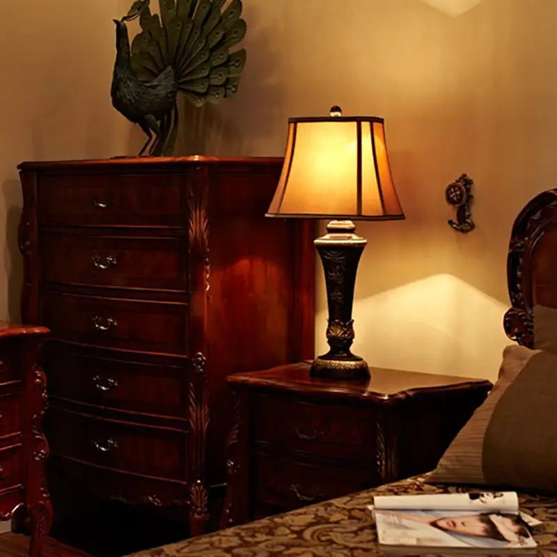 Resin Bronze Table Lamp with Bell Linen Shade - Lighting > & Floor Lamps