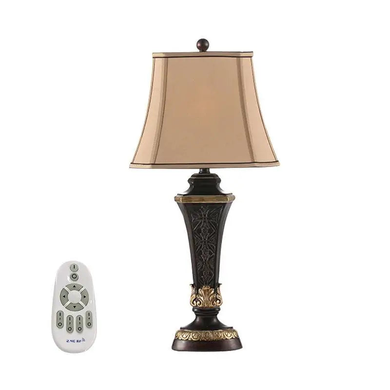 Resin Bronze Table Lamp with Bell Linen Shade - Lighting > & Floor Lamps