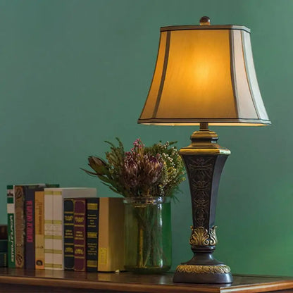 Resin Bronze Table Lamp with Bell Linen Shade - Remote Control Lighting > & Floor Lamps
