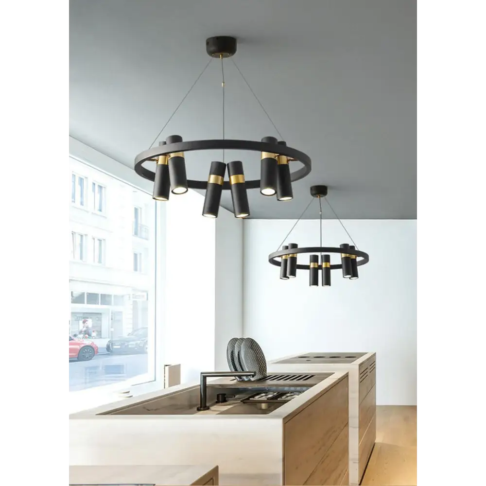 Round Black Metal LED Pendant Light for Living Dining - 6 Heads / Cool - Home & Garden >